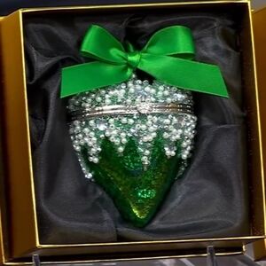 Green Beaded, Bling Mercury Glass Ornament Box with Matching Ribbons New